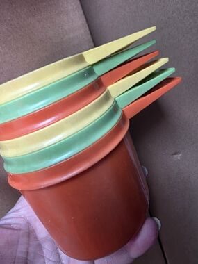 Vintage Tupperware Stackable Orange, Green & Yellow Plastic Nesting Cups